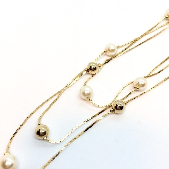 3/$30 VINTAGE 80S MULTI STRAND PEARL GOLD TONE BALL CHAIN NECKLACE LAYERED - Picture 7 of 13